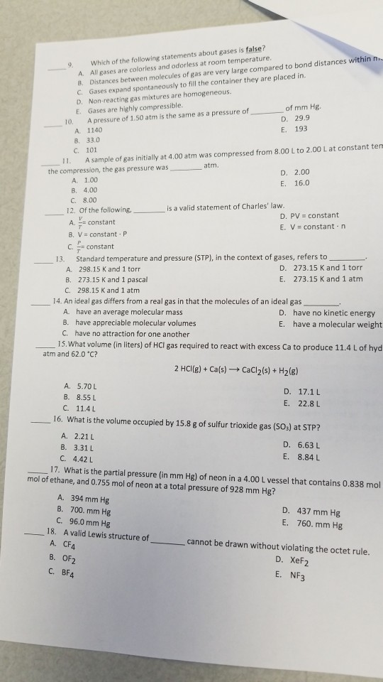 Solved A. All gases are colorless and odorless at room | Chegg.com