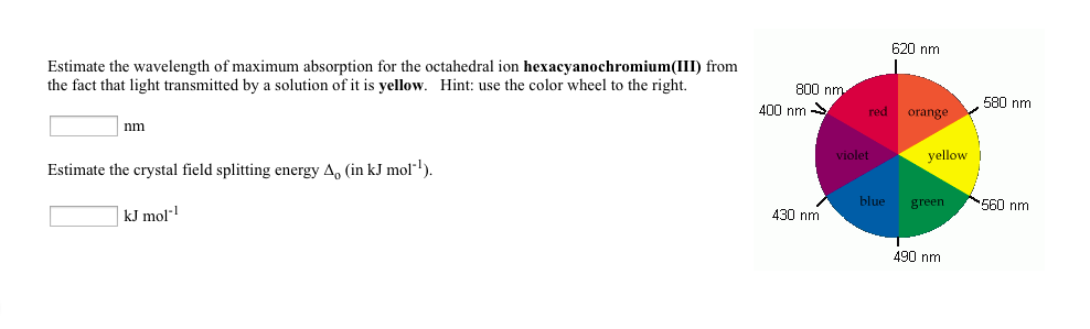 Solved Estimate the wavelength of maximum absorption for the | Chegg.com