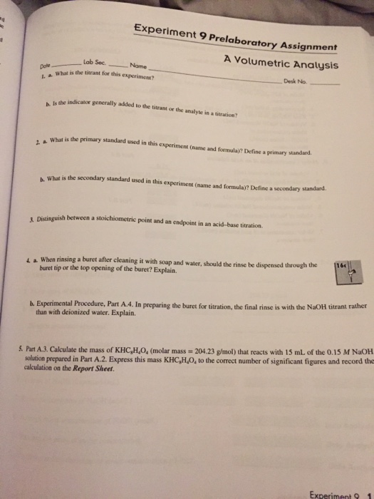 Solved Experiment 9 Prelaboratory Assignment A Volumetric | Chegg.com
