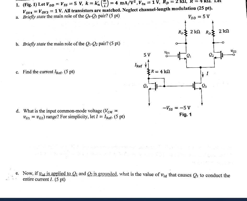 Solved ( - ) 1. (Fig.1) Let VDD-Vss-5 V, k-ka Vov4 VOV3-1 V. | Chegg.com