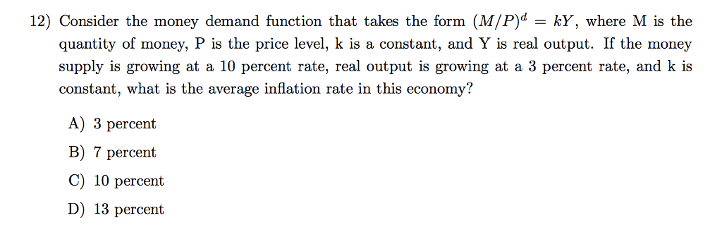 Solved 12) Consider the money demand function that takes the | Chegg.com