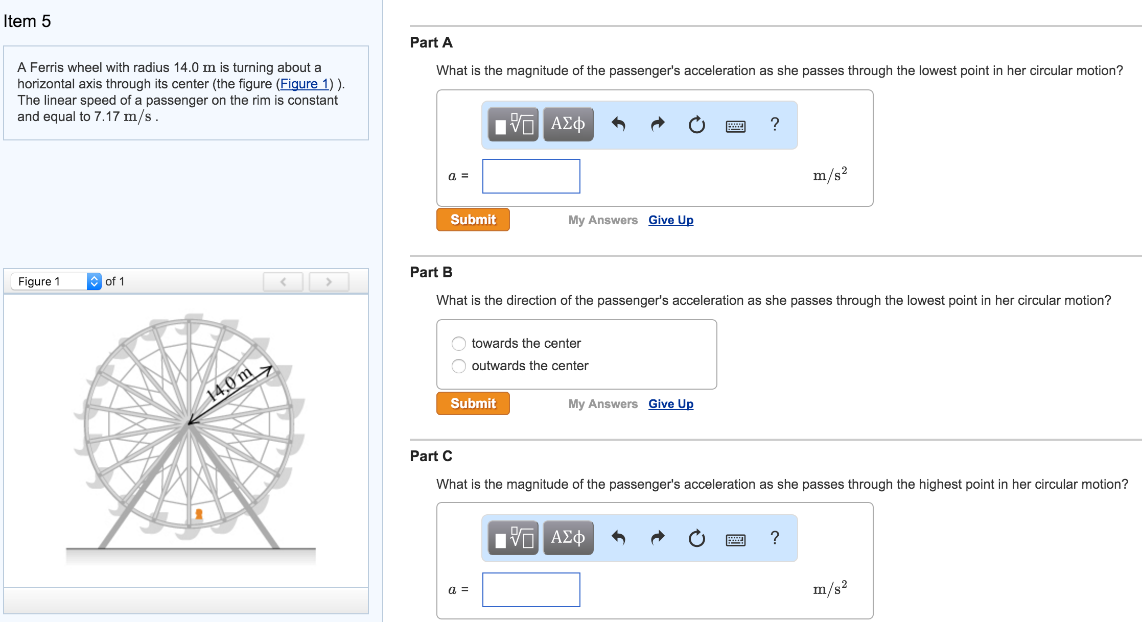 Solved A Ferris wheel with radius 14.0 m is turning about a