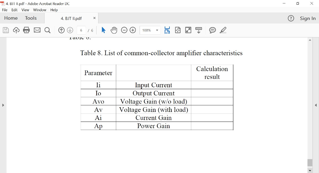 Solved List of commoncollector amplifier characteristics