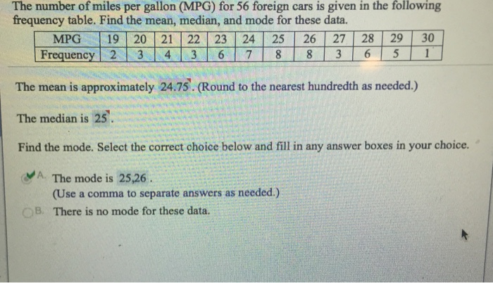 Solved The number of miles per gallon (MPG) for 56 foreign | Chegg.com
