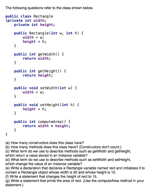 Solved The following questions refer to the class shown | Chegg.com