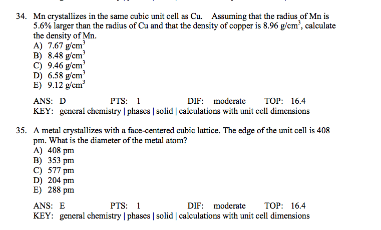 Solved 34. Assuming that the radius of Mn is Mn crystallizes | Chegg.com