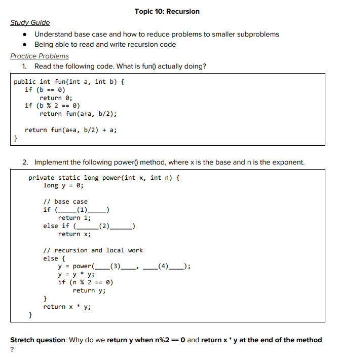 Solved Topic 10: Recursion Study Guide Understand Base Case | Chegg.com