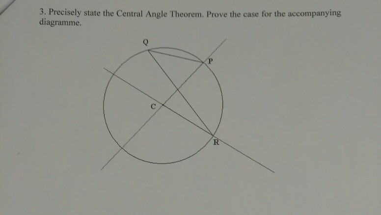 Solved 3. Precisely state the Central Angle Theorem. Prove | Chegg.com