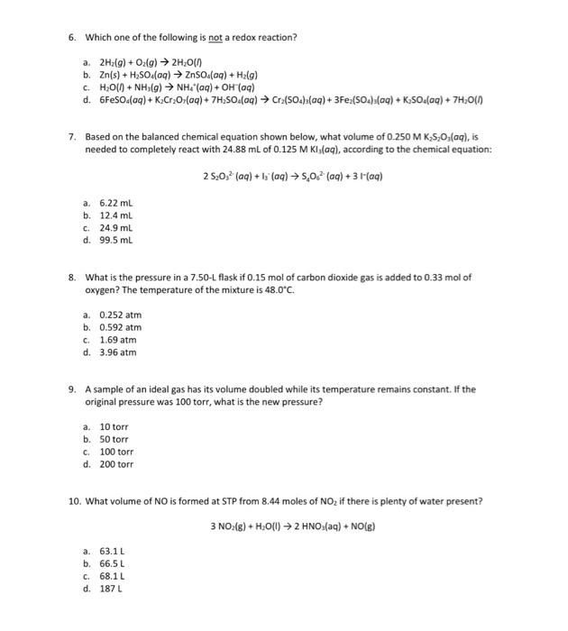 Solved 6. Which one of the following is not a redox | Chegg.com