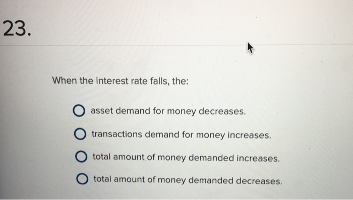 Solved When the interest rate falls, the: asset demand for | Chegg.com