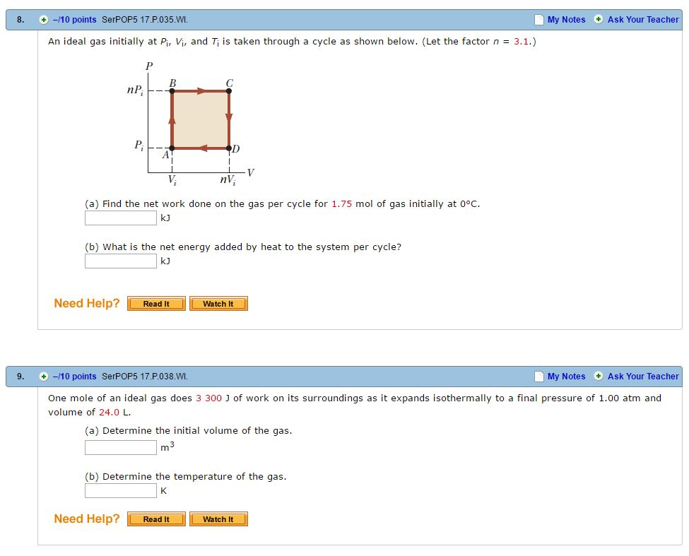 Solved An Ideal Gas Initially At P_i, V_i, And T_i Is Taken | Chegg.com