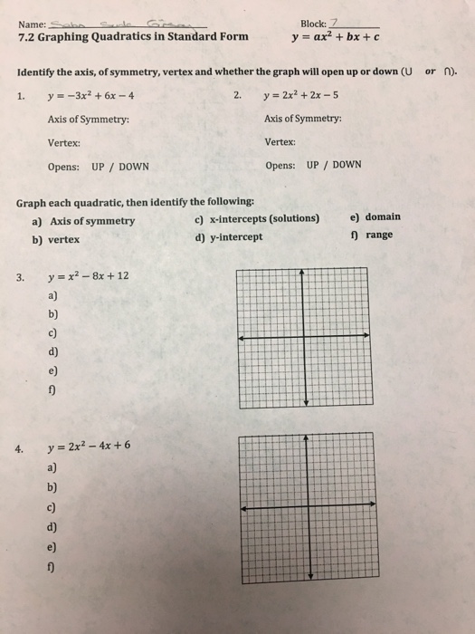 Solved Graphing Quadratics in Standard Form y = ax^2 + bx + | Chegg.com