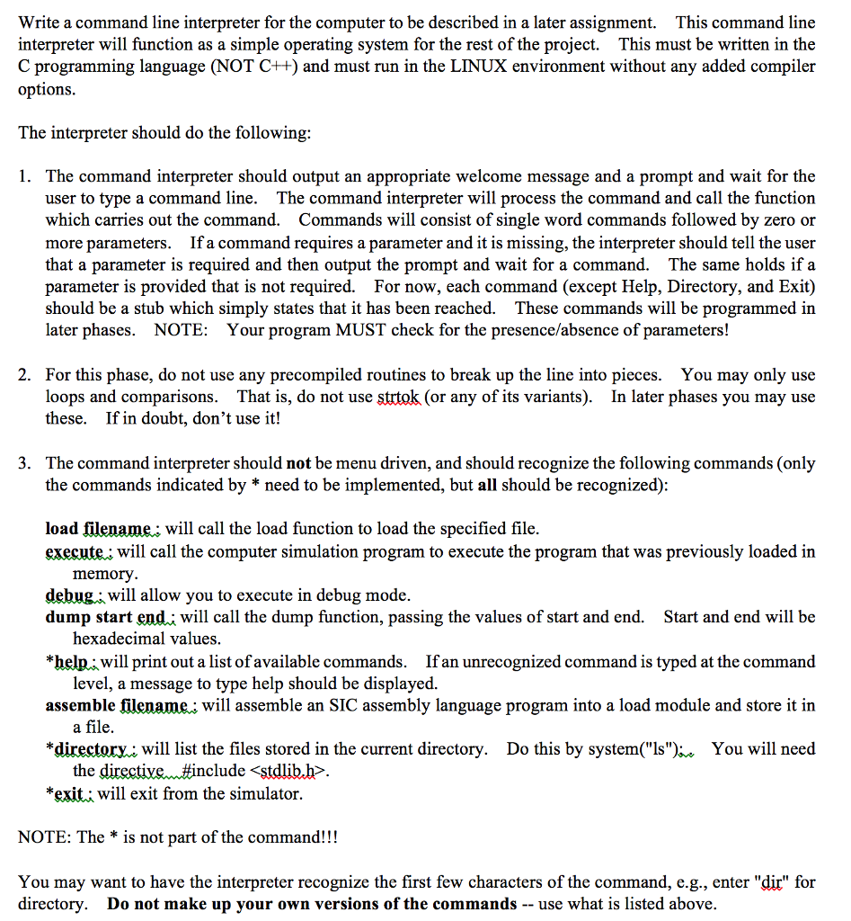 Solved Write a command line interpreter for the computer to | Chegg.com