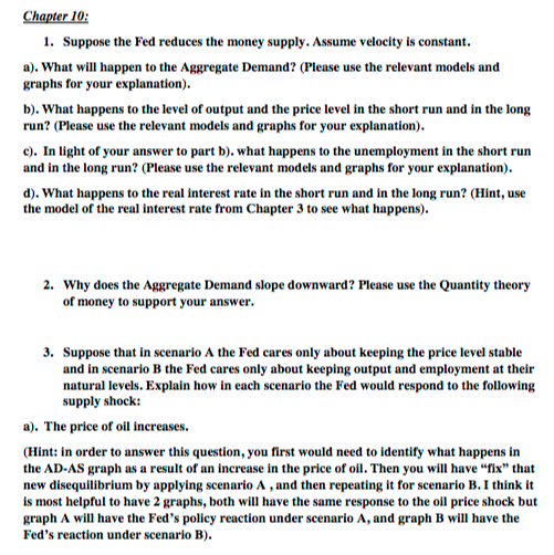 Solved Suppose The Fed Reduces The Money Supply. Assume | Chegg.com