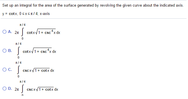 Solved Set up an integral for the area of the surface | Chegg.com