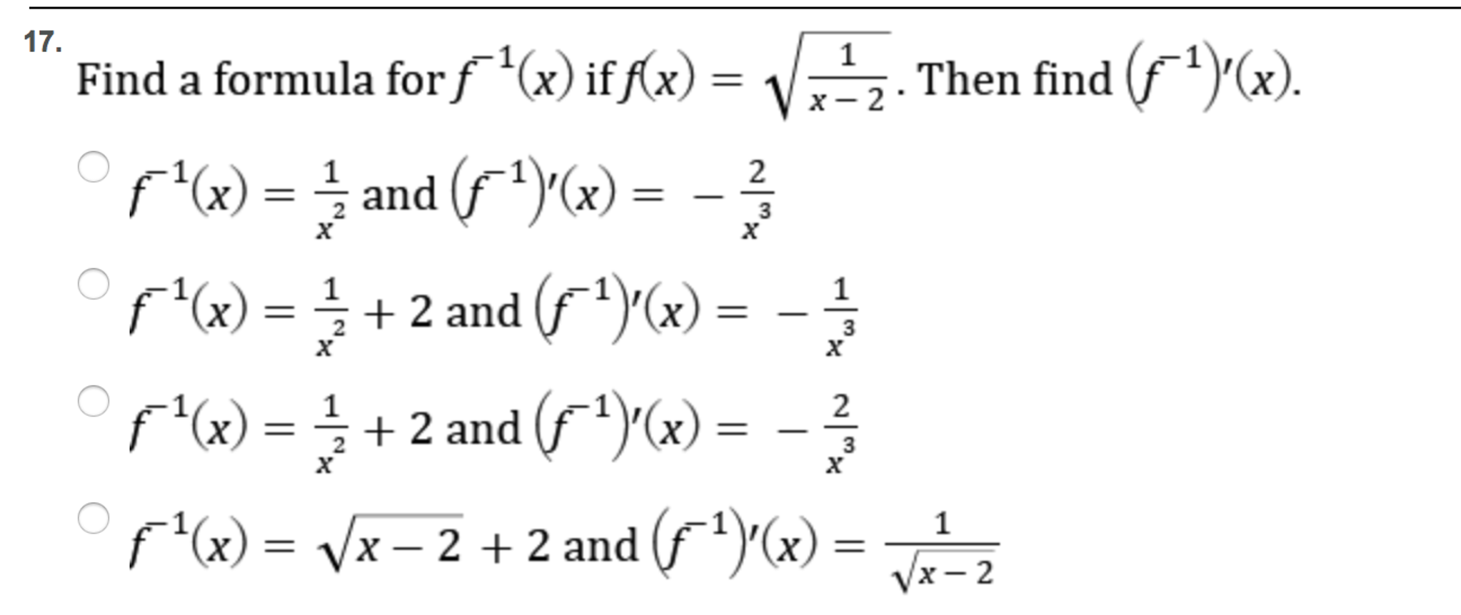 Solved Find a formula for f^-1 (x) if f (x) = Squareroot 1/x | Chegg.com