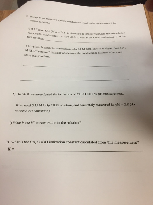Solved We Measured Specific Conductance Kappa And Molar Chegg
