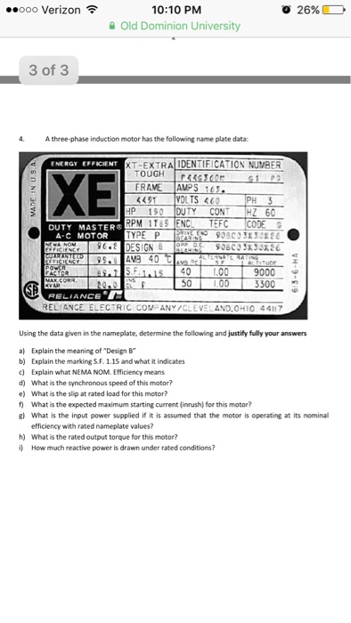 Solved A three-phase induction motor has the following name | Chegg.com