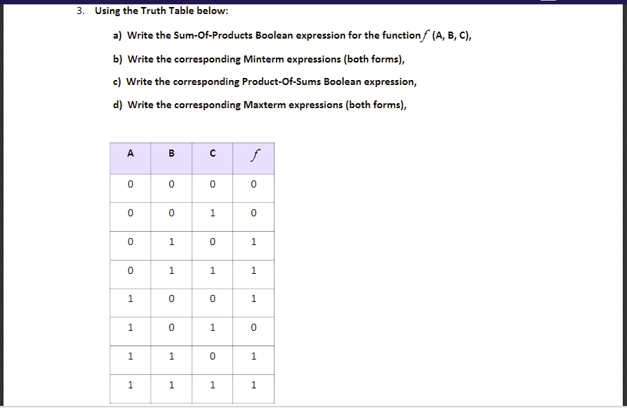 Solved 3. Using the Truth Table below a) Write the