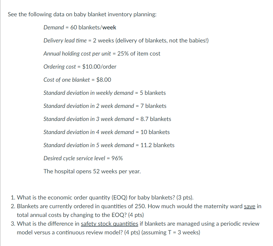 Solved See the following data on baby blanket inventory