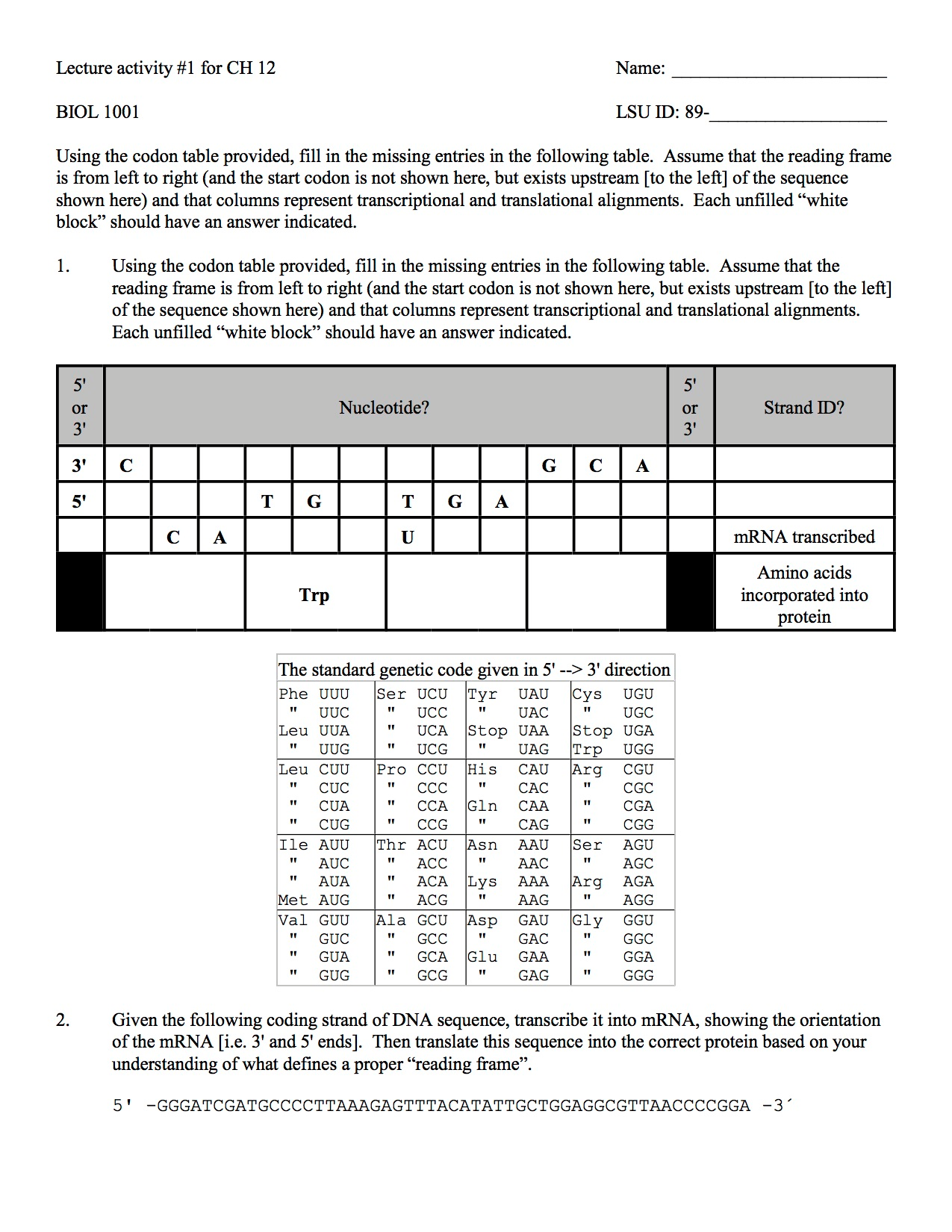 Solved Using The Codon Table Provided Fill In The Missing Chegg Com   Php34Wp78 