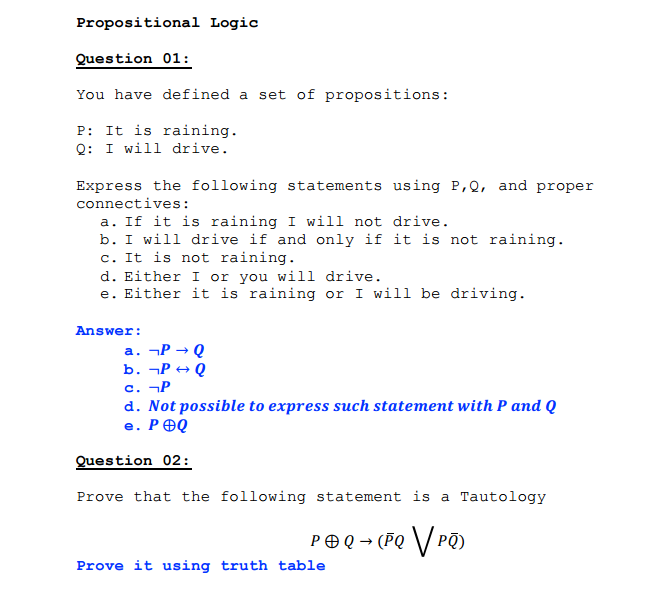 Solved Propositional Logic Question 01 You Have Defined A | Chegg.com