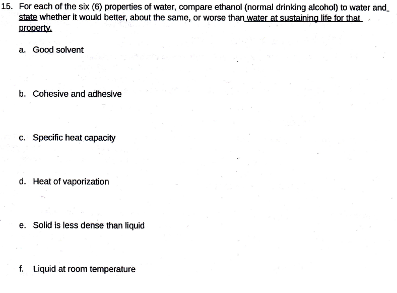 For Each Of The Six 6 Properties Of Water Compare