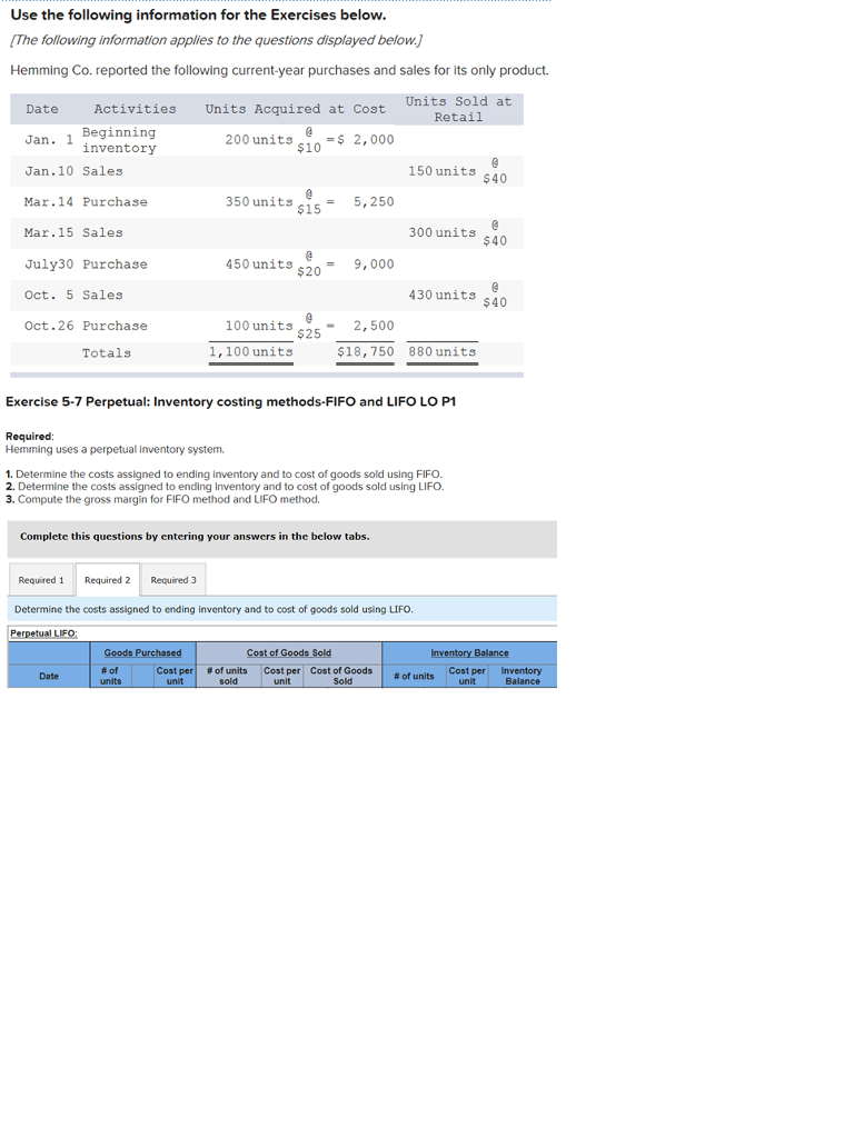 Solved Use the following information for the Exercises below | Chegg.com