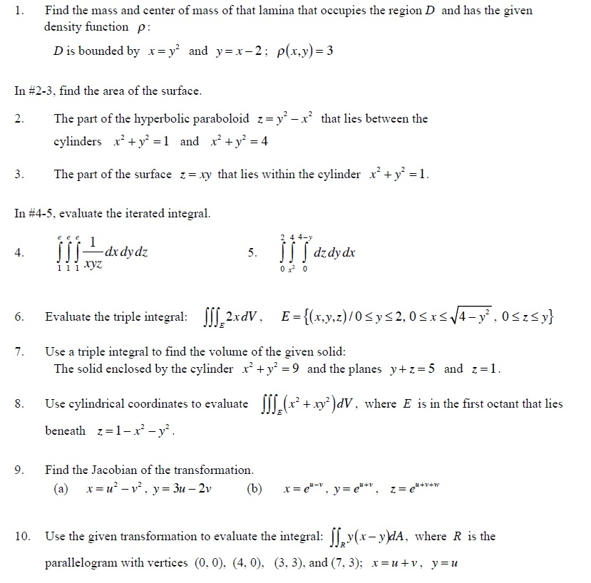 Solved 1. Find the mass and center of mass of that lamina | Chegg.com