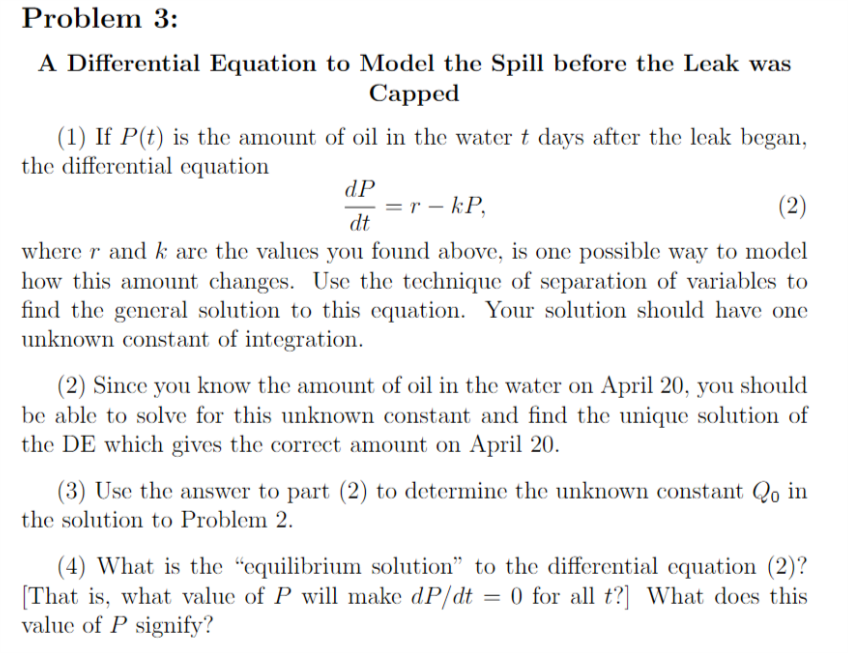 Solved Problem 3 A Differential Equation to Model the Spill