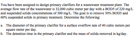 Solved You have been assigned to design primary clarifiers | Chegg.com