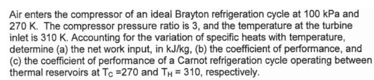 Solved Air enters the compressor of an ideal Brayton | Chegg.com