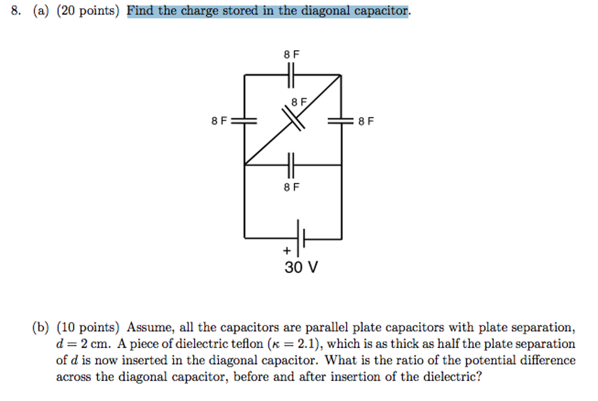 Solved A) Find the charge stored in the diagonal capacitor.