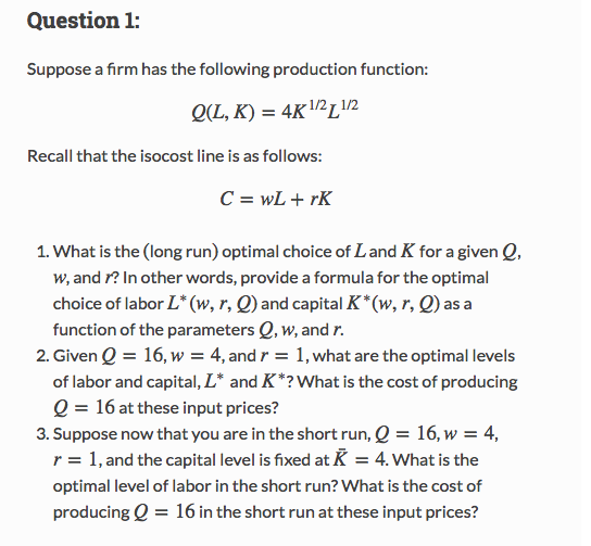 Solved Suppose a firm has the following production function: | Chegg.com