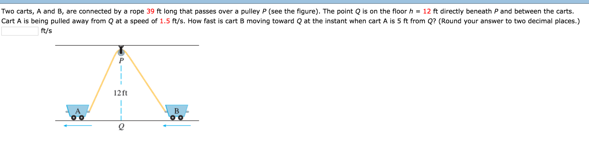 solved-two-carts-a-and-b-are-connected-by-a-rope-39-ft-chegg