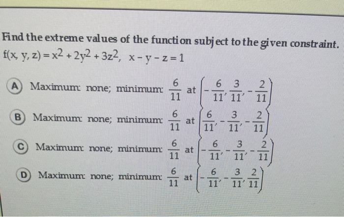 Solved Find the extreme values of the function subject to | Chegg.com