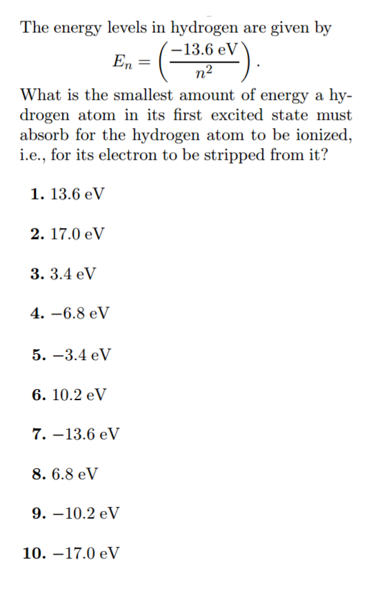 Solved The energy levels in hydrogen are given by E_n = | Chegg.com
