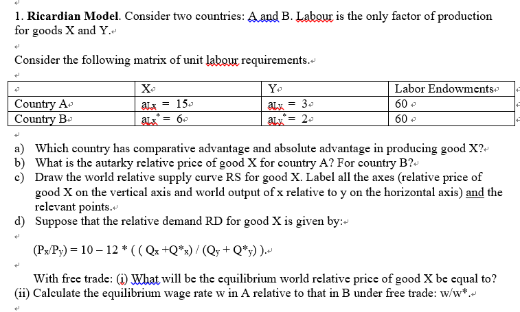 Solved Ricardian Model. Consider Two Countries: A And B. | Chegg.com