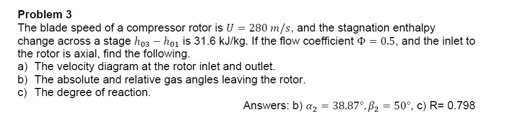 Solved Problem 3 The Blade Speed Of A Compressor Rotor Is U 