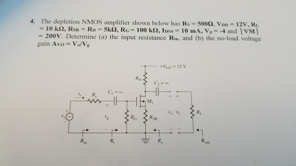 Solved The depletion NMOS amplifier shown below has Rs = 10 | Chegg.com