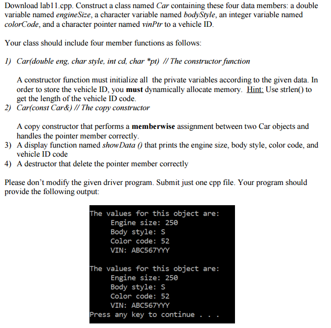 Solved Download lab 11.cpp. Construct a class named Car | Chegg.com