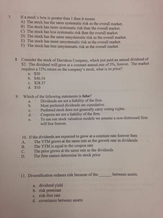 Solved If a stock's beta is greater than 1 then it means