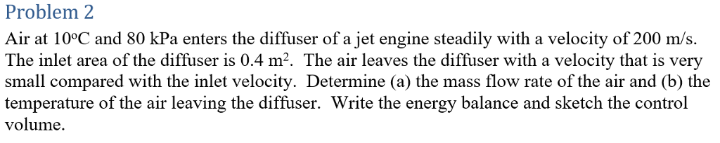 Solved Problem 2 Air at 10°C and 80 kPa enters the diffuser | Chegg.com