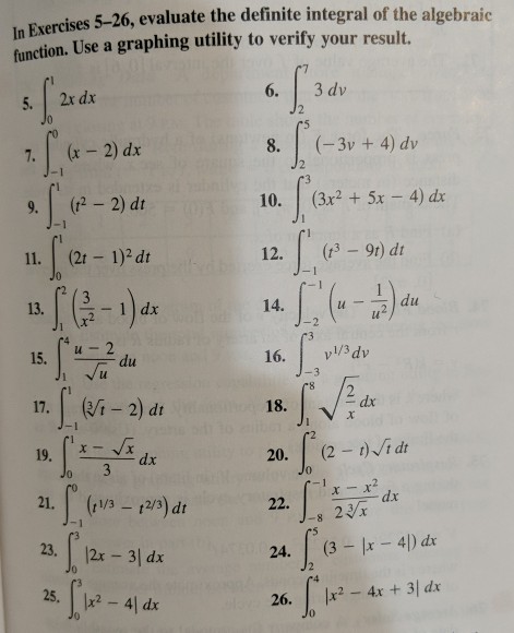Solved 5-26, evaluate the definite integral of the algebraic | Chegg.com