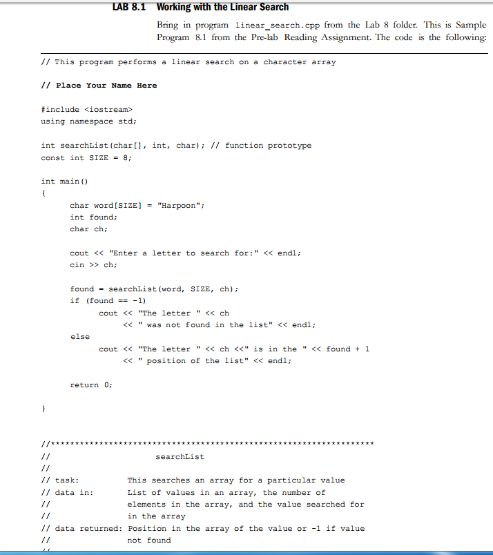 Solved 8.1 Working with the Linear Search Bring in program | Chegg.com