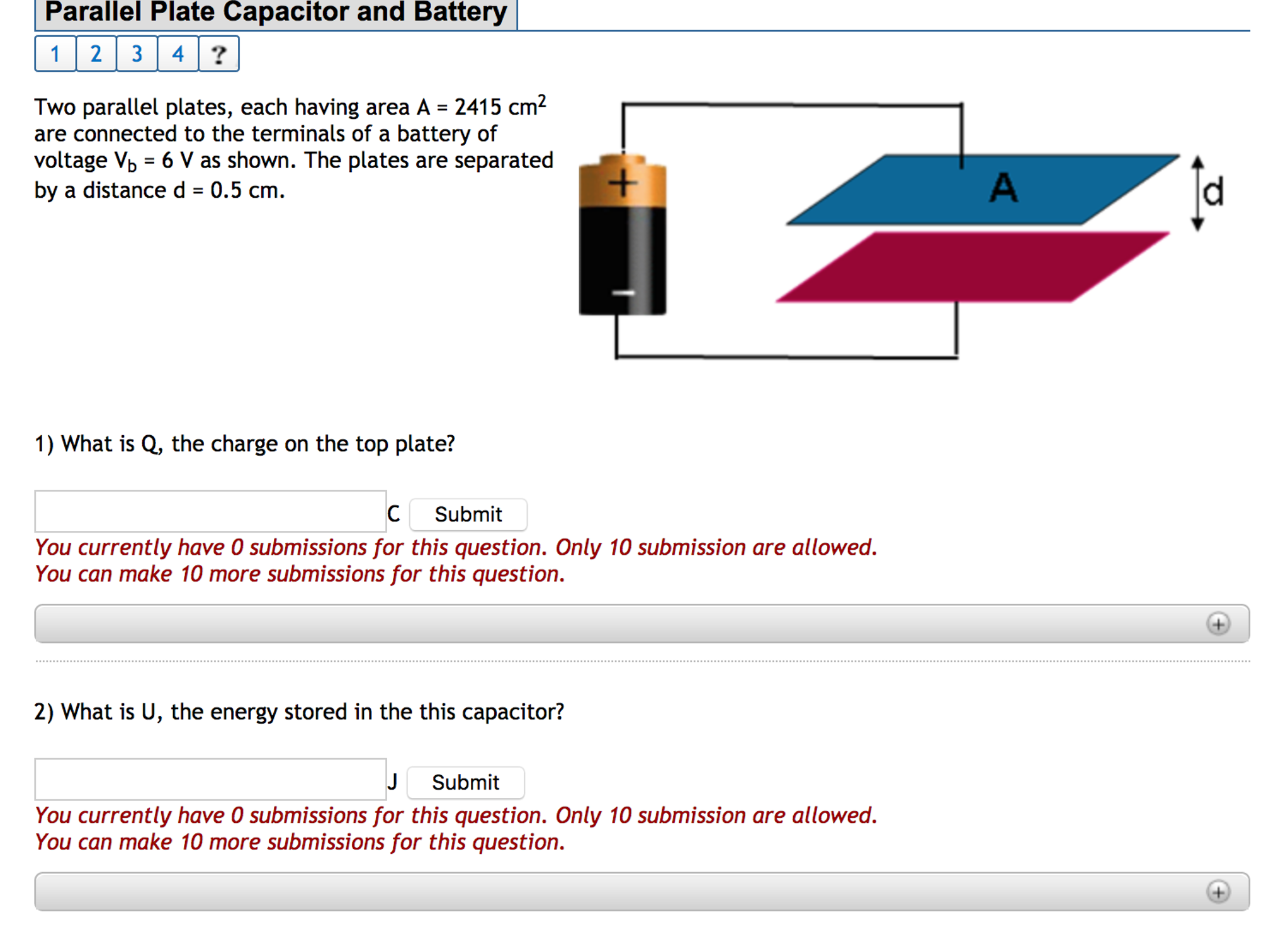 Solved Parallel Plate Capacitor and Battery 1 2 3 4 Two