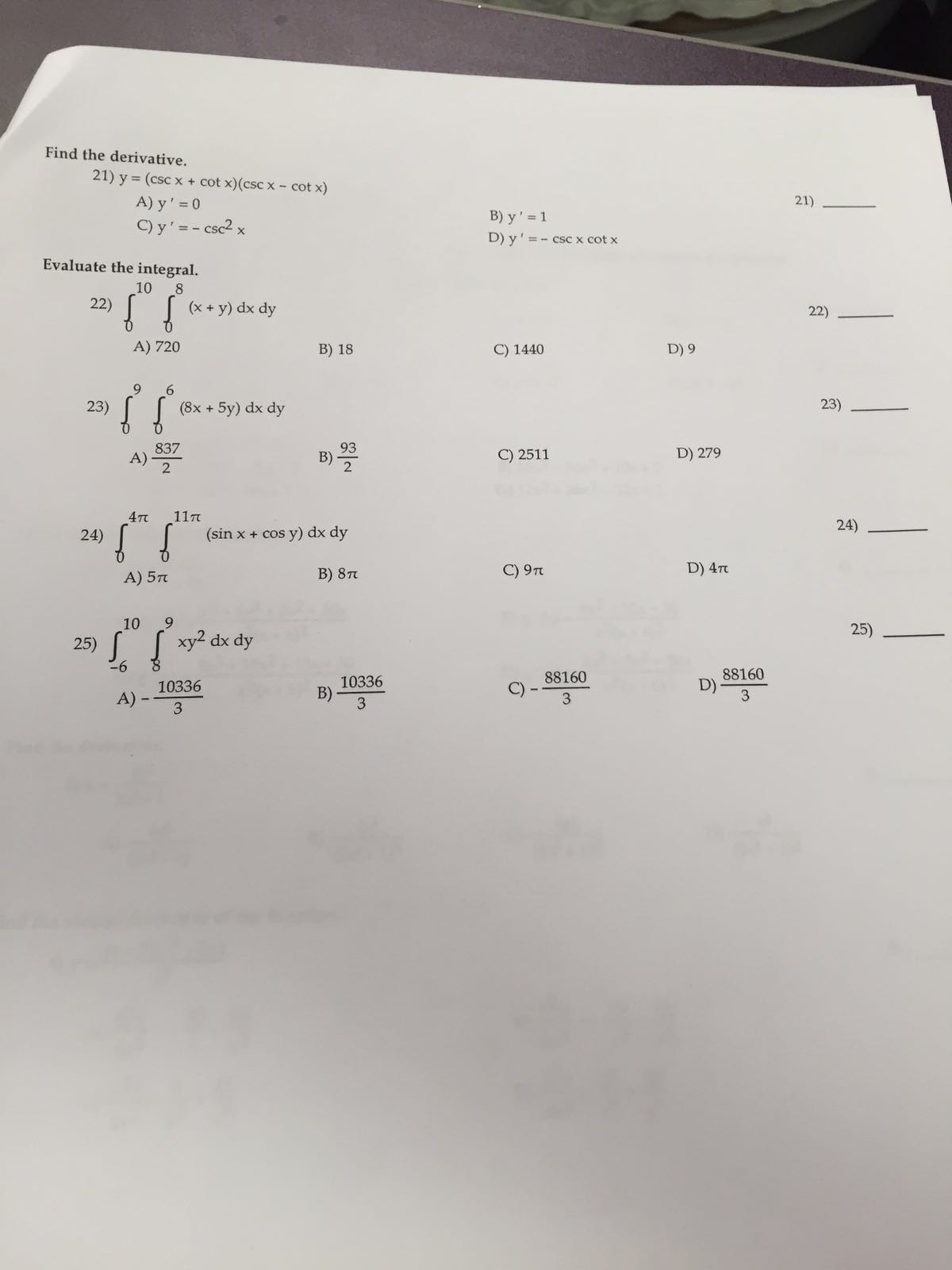 Solved Find The Derivative Y Csc X Cot X Csc X Cot