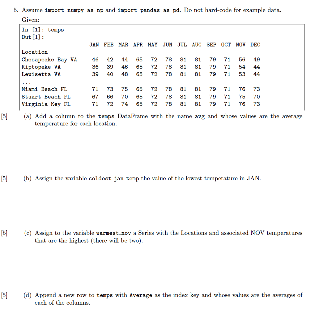 5. Assume import numpy as np and import pandas as pd. | Chegg.com