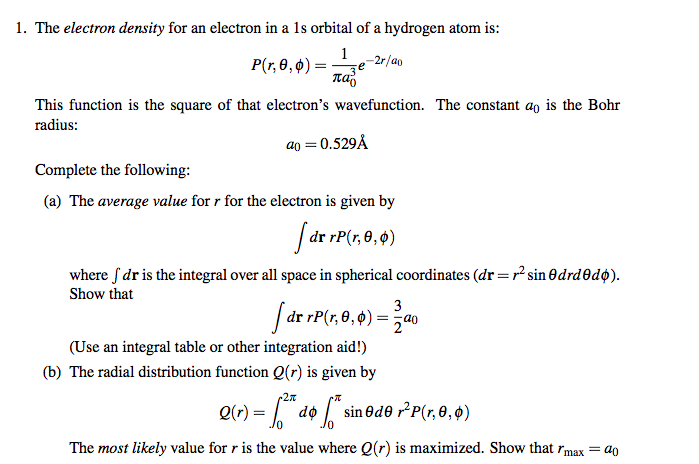 Solved 1. The electron density for an electron in a 1s | Chegg.com