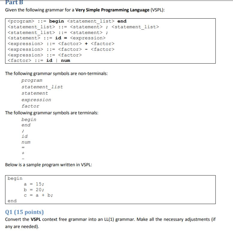 Part B Given the following grammar for a Very Simple | Chegg.com